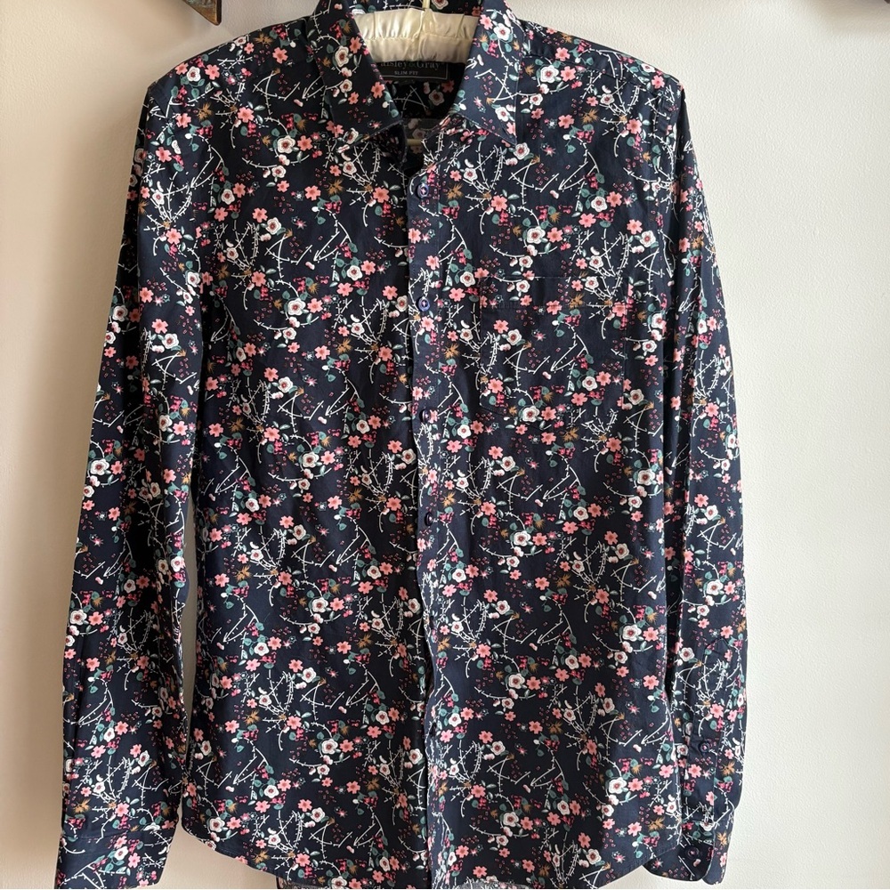Paisley & Gray Floral Navy Men's Button Down Slim Fit Small 15